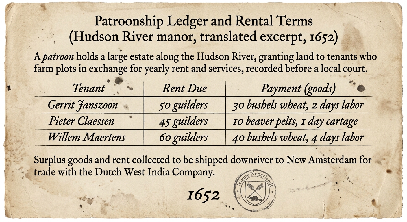An aged-paper document titled “Patroonship Ledger and Rental Terms (Hudson River manor, translated excerpt, 1652)” describing a patroon’s large Hudson River estate and tenants paying rent in goods like wheat or beaver pelts, with a small table of rent entries and a note about shipping goods to New Amsterdam for trade.