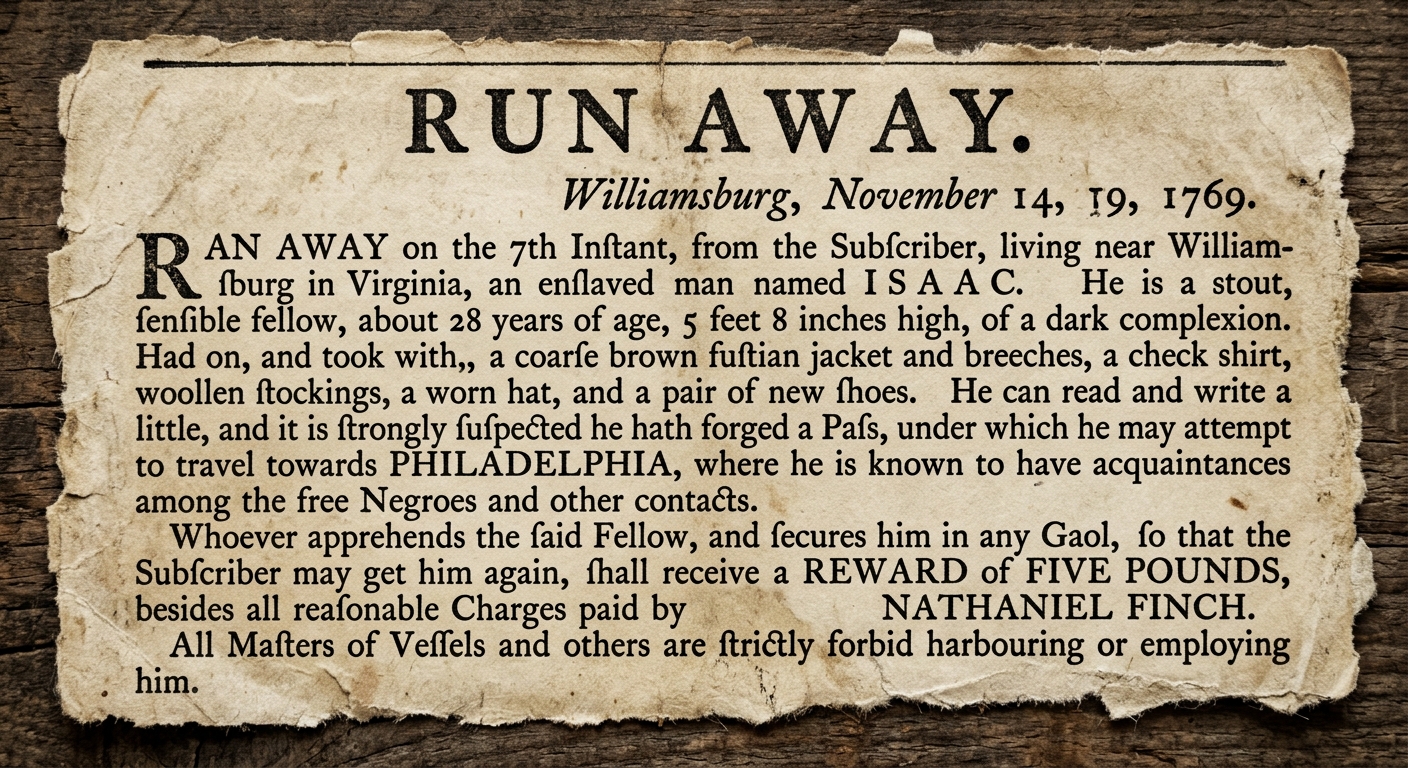 Sepia-toned colonial newspaper clipping with a bold headline "RUN AWAY" and a dated advertisement offering a reward for the capture of an enslaved man named Isaac who escaped in 1769.