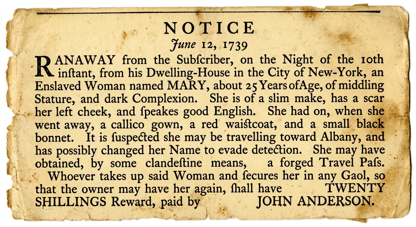 Aged colonial newspaper notice dated June 12, 1739, describing the escape of an enslaved woman named Mary and offering a reward for her capture.