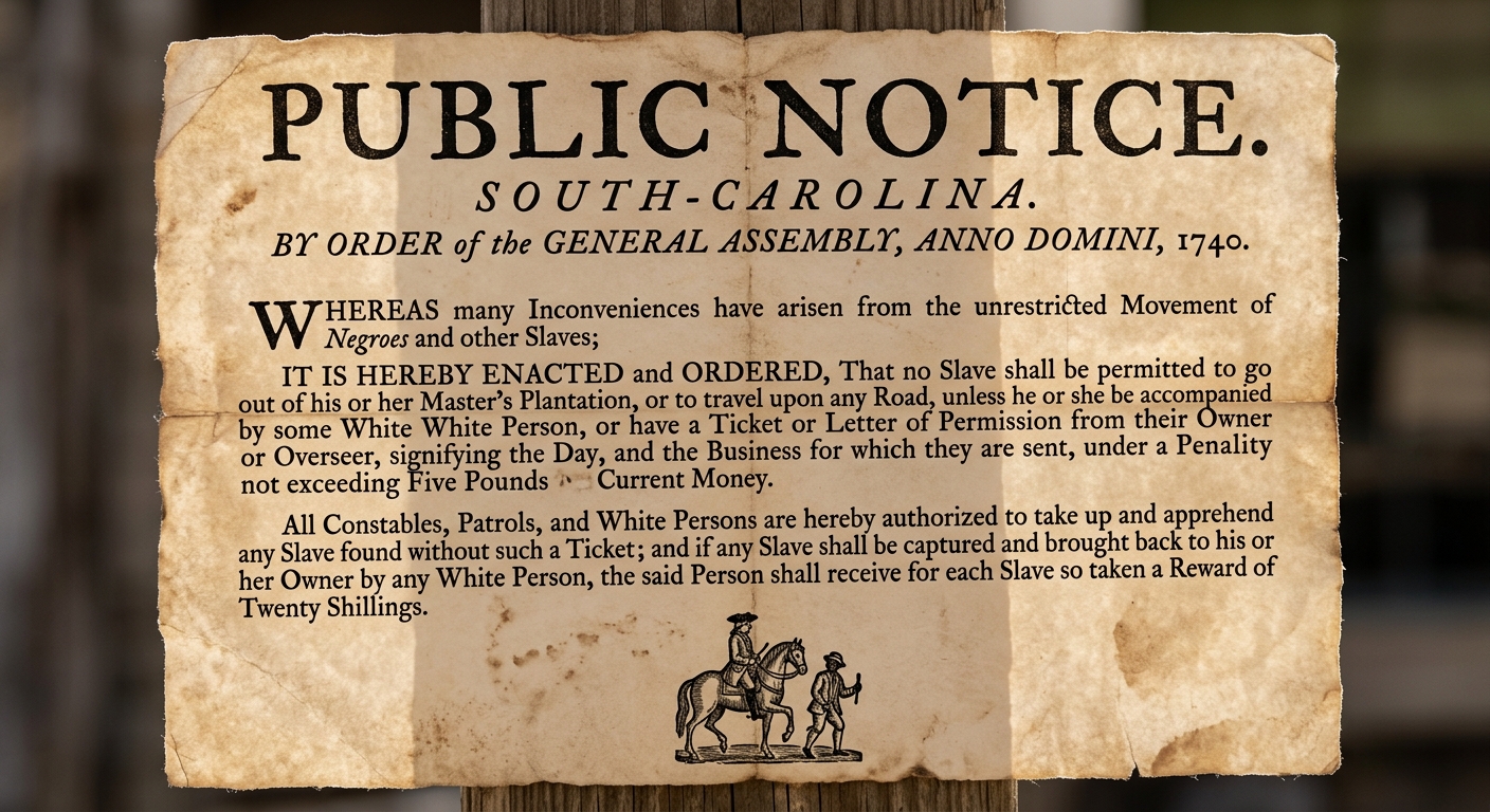 Aged colonial public notice dated 1740 describing rules requiring written passes for enslaved people traveling and authorizing patrols to detain those without passes.