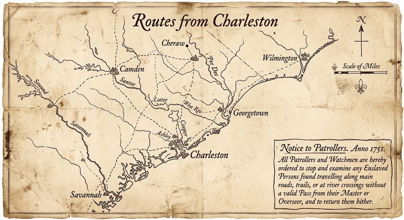 Sepia-toned colonial-era map showing roads and rivers between Charleston and nearby towns, with a note dated 1751 about patrols stopping travelers without passes.