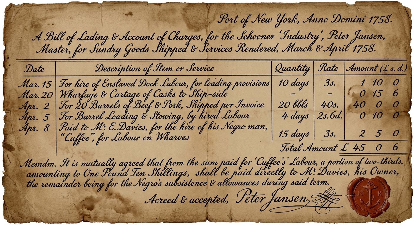 Aged colonial ledger dated 1758 listing costs for hiring enslaved dock labor and other port services, with totals and a signature.