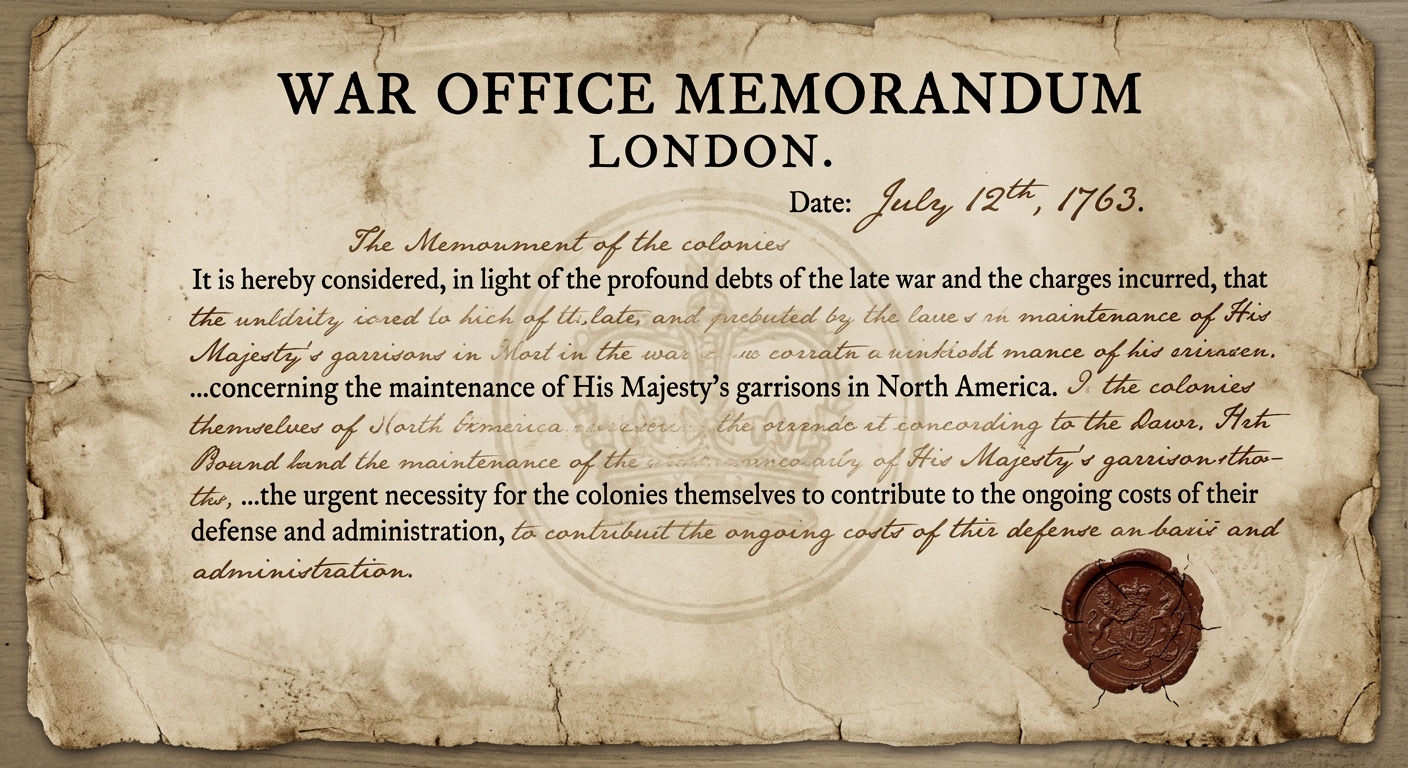null Fictional 1763 British War Office memorandum on aged parchment mentioning war debts, North American garrisons, and colonial contributions, with cursive writing and a wax seal.