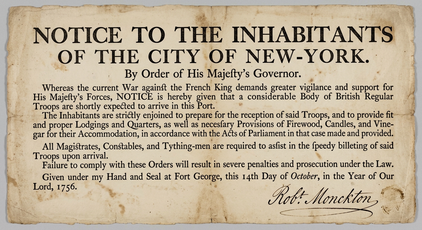 null Fictional 1756 New York City official notice about the war with France and arrangements for quartering British troops, on aged parchment with a signature.