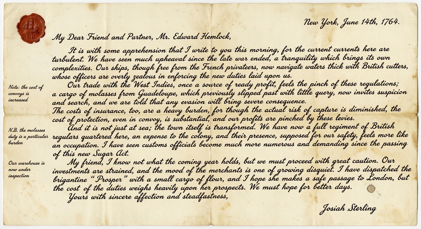 null Fictional 1764 letter from a New York merchant describing postwar trade changes, new duties, and increased British officials after conflict with France.