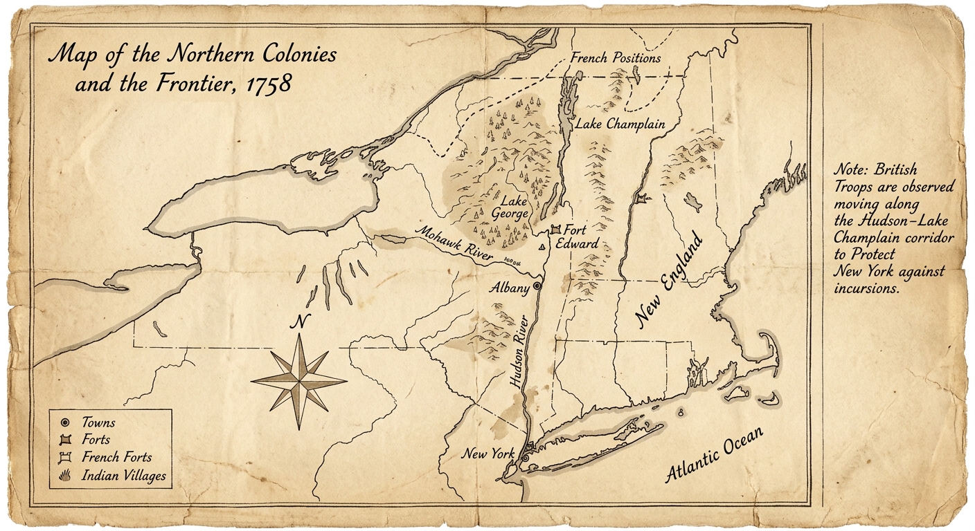 null Fictional 1758 hand-drawn map showing New York, Albany, Hudson River, Lake George and Lake Champlain, and French positions to the north.