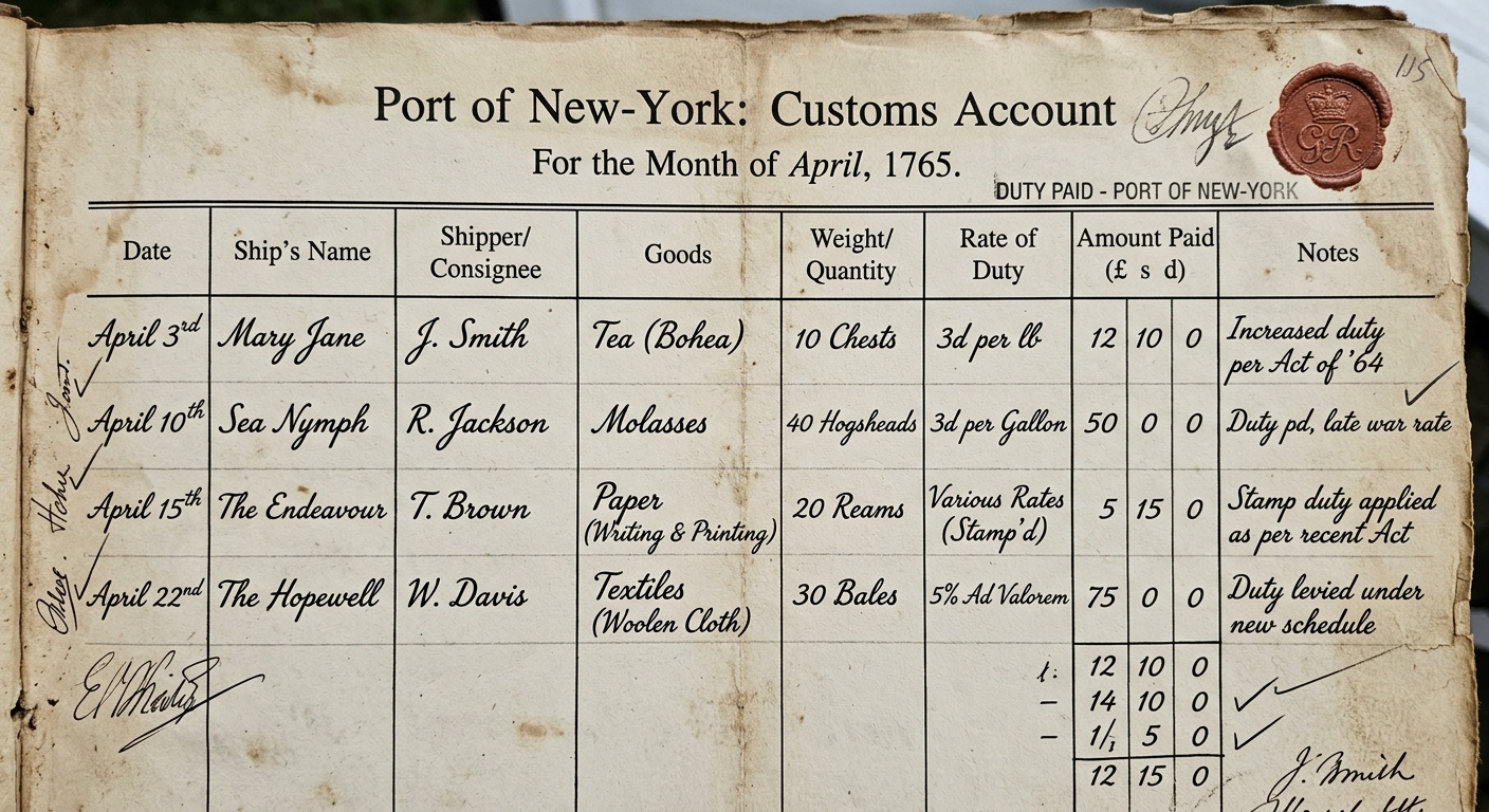 null Fictional 1765 Port of New York customs ledger showing duties on goods like tea and molasses, with handwritten notes and totals.