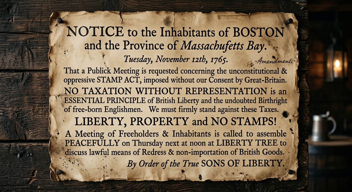 A sepia-toned colonial-era broadside titled “NOTICE to the Inhabitants” mentioning the Stamp Act and calling for a peaceful meeting and non-importation.