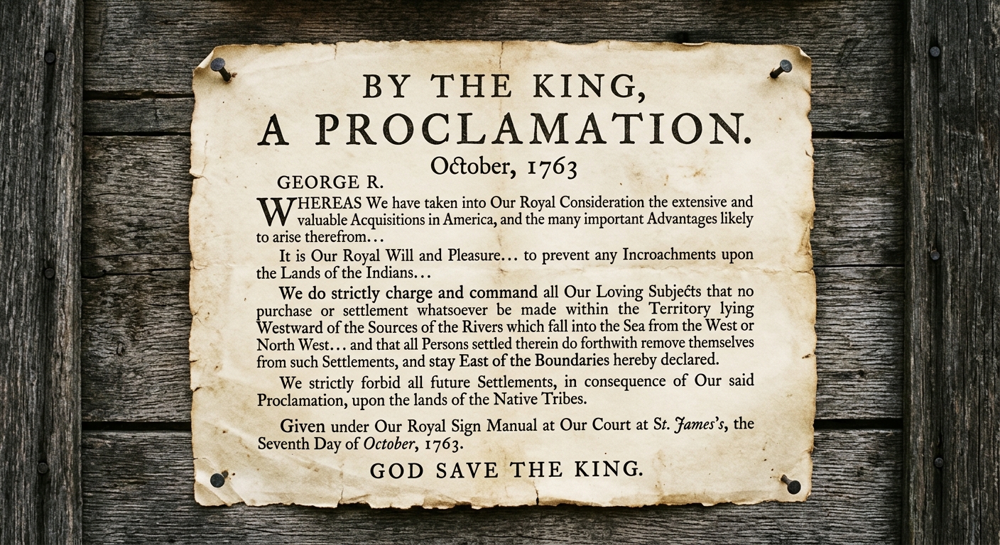 A sepia-toned colonial proclamation notice dated 1763 restricting settlement west of the Appalachian Mountains.