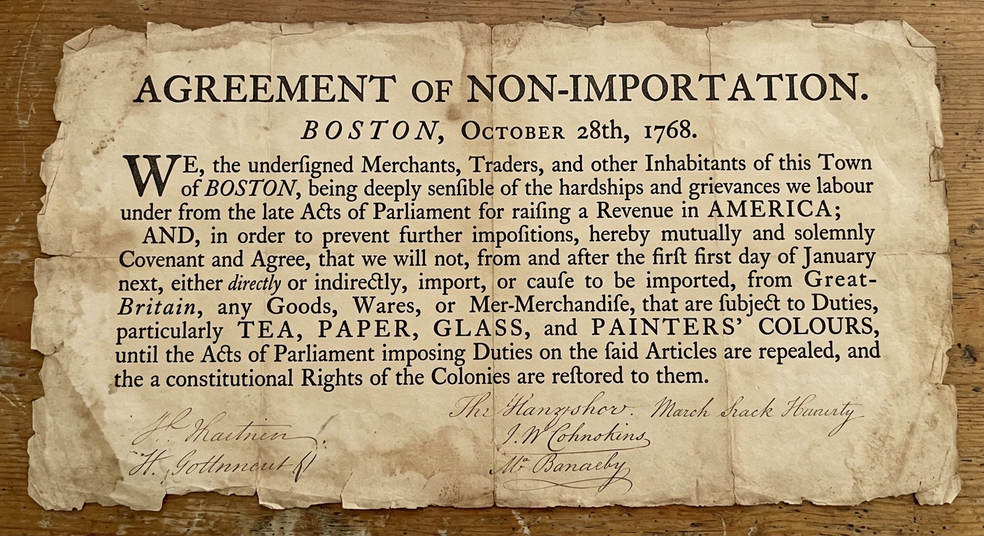 A sepia-toned colonial broadside titled “Agreement of Non-Importation” listing taxed goods and a pledge not to buy British imports.