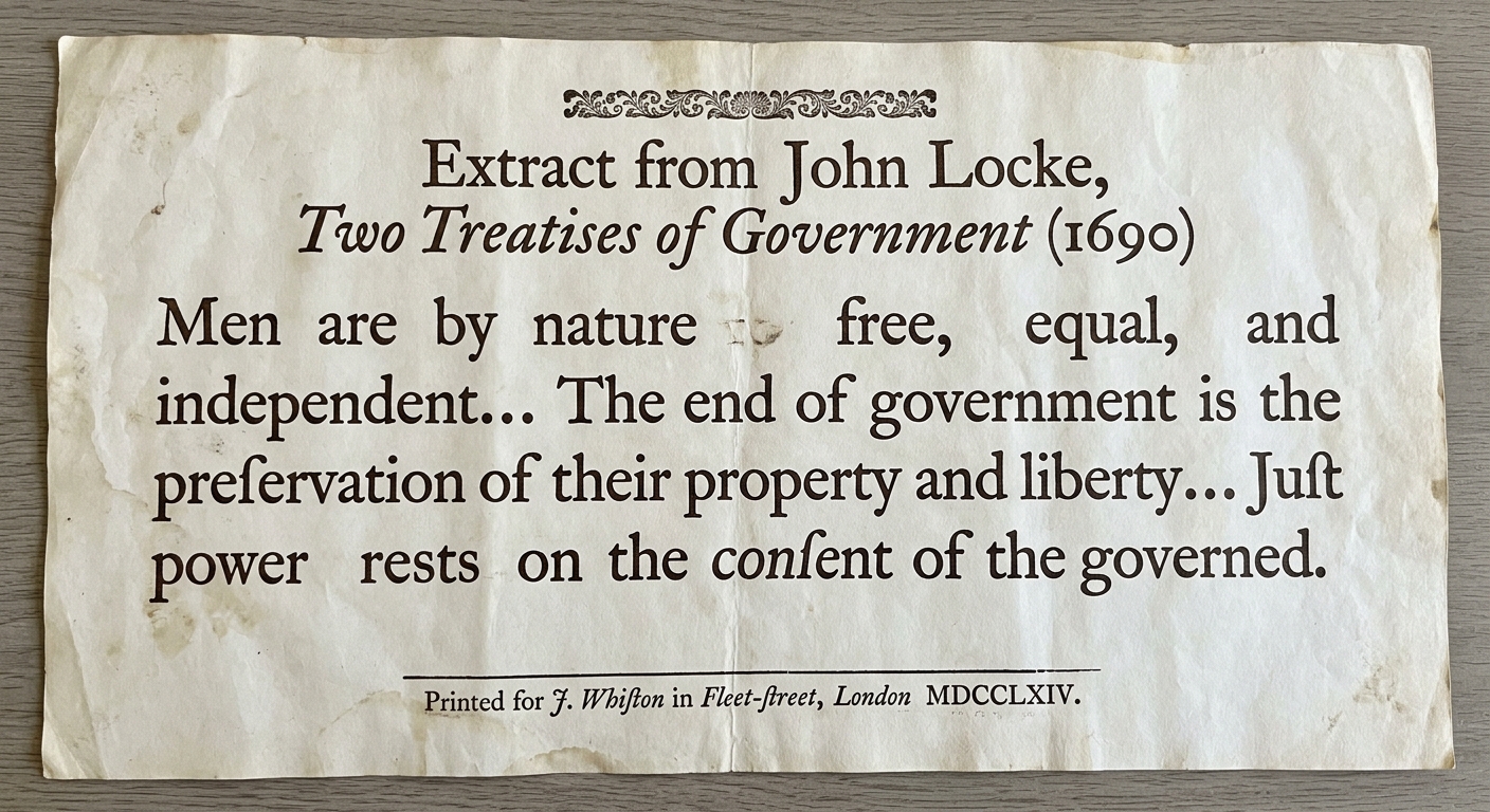 Facsimile of an aged parchment document titled “Extract from John Locke, Two Treatises of Government (1690)” with a short printed excerpt about natural rights and consent of the governed.