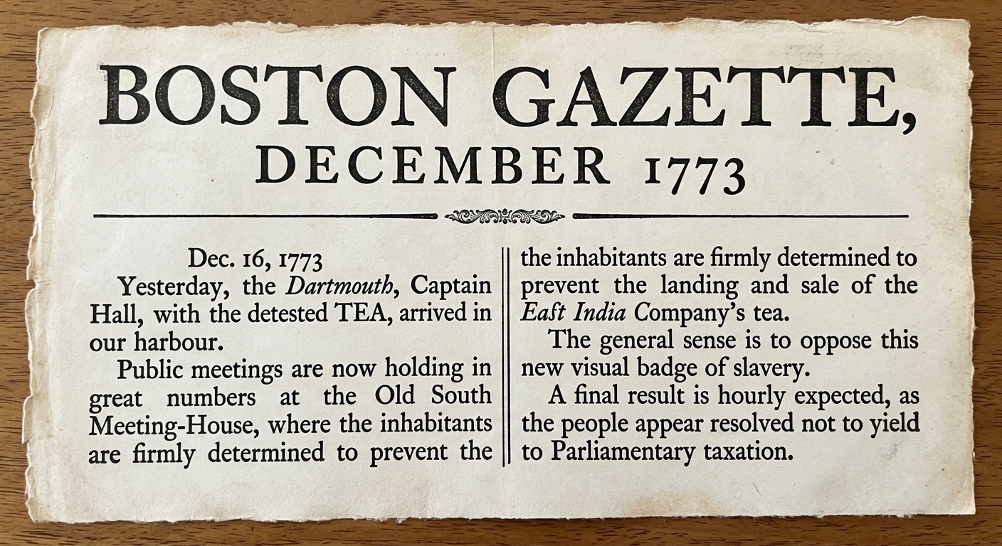 Facsimile of an aged newspaper-style document labeled “Boston Gazette — December 1773,” with dated lines about tea ships and public meetings.
