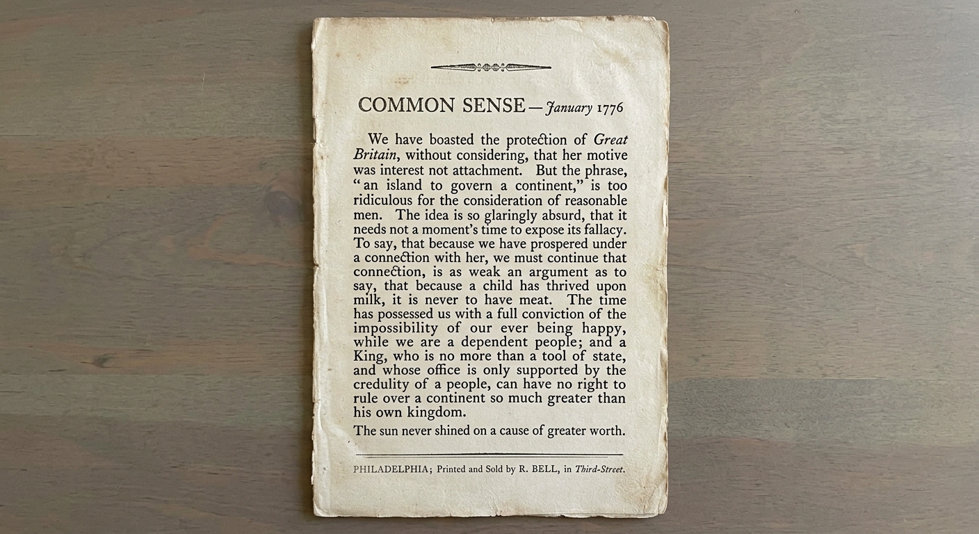 Facsimile of an aged pamphlet page titled “Common Sense — January 1776” with a short printed excerpt criticizing monarchy and arguing for independence.