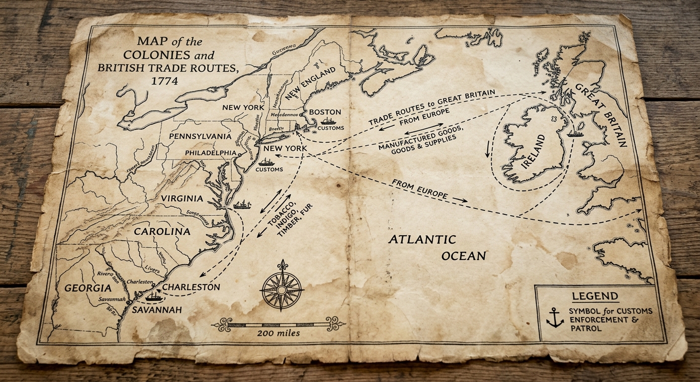 Facsimile of an aged 1774-style map showing the Atlantic coast colonies with labeled ports and dashed trade routes to Great Britain.