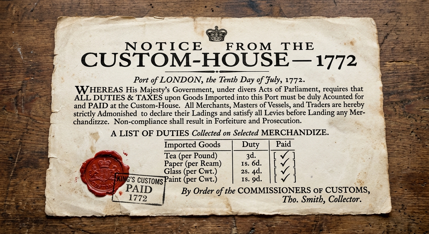 Facsimile of an aged customs-house notice from 1772 listing imported goods and duties collected at colonial ports.