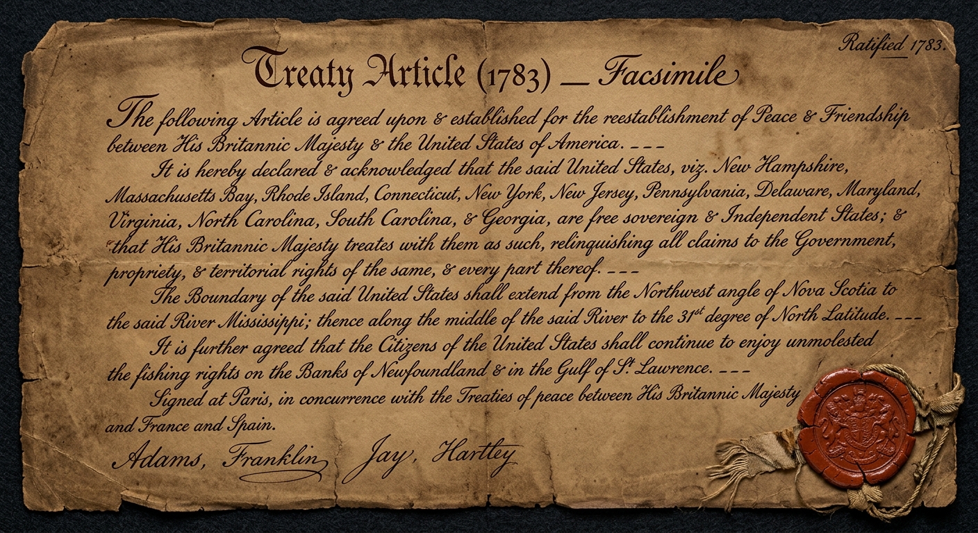 Aged parchment facsimile of an 1783 peace treaty article with cursive writing and a red wax seal; phrases mention U.S. independence, the Mississippi River boundary, and peace terms.