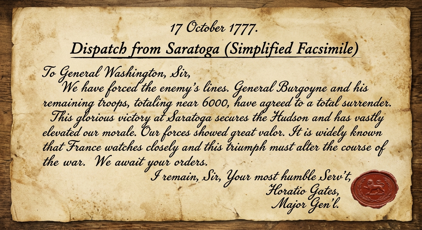 A parchment facsimile of a handwritten military dispatch dated 17 October 1777 referencing Saratoga and Burgoyne’s surrender, with cursive ink and an old seal mark.