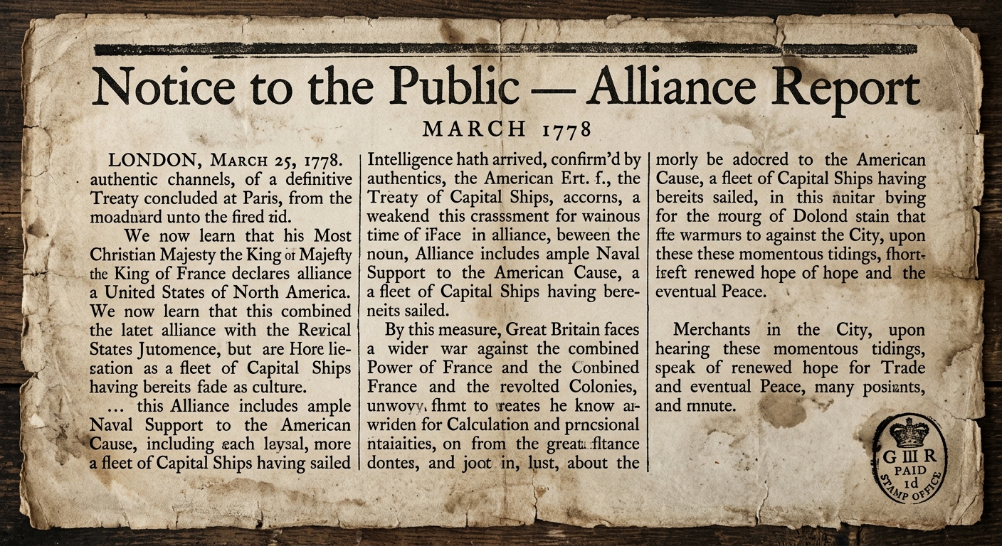 A printed 1778 broadside-style notice on aged paper reporting a French alliance with the United States and noting naval support and wider war against Britain.