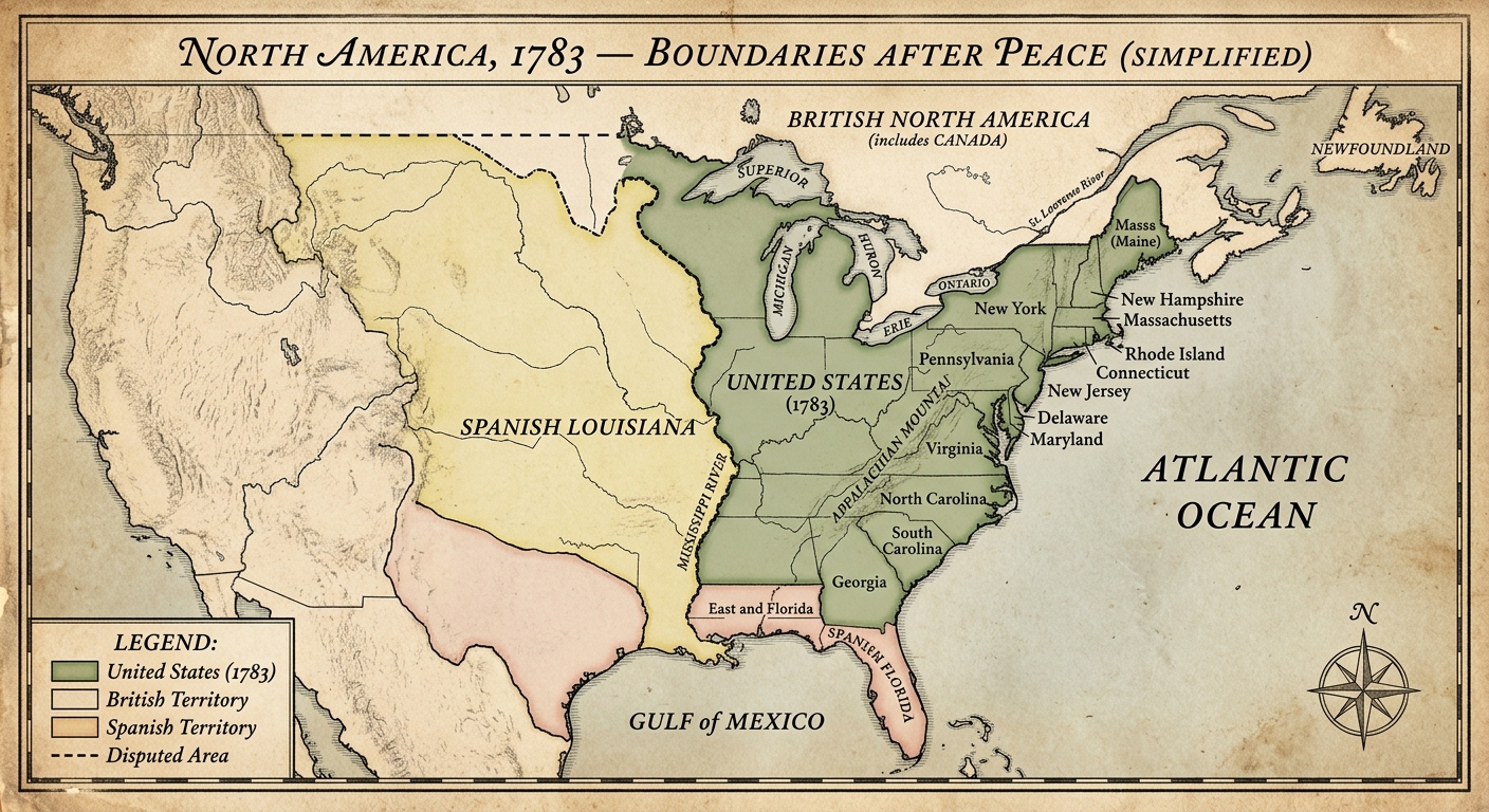 A simplified parchment-style map of North America labeled with the Mississippi River, Appalachian Mountains, Great Lakes, and a shaded United States area east of the Mississippi after 1783.