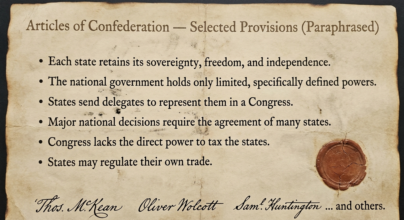 Parchment-style image of a paraphrased excerpt titled “Articles of Confederation — Selected Provisions,” with short bullet points about state sovereignty and limited national power, plus faint signatures and a seal.