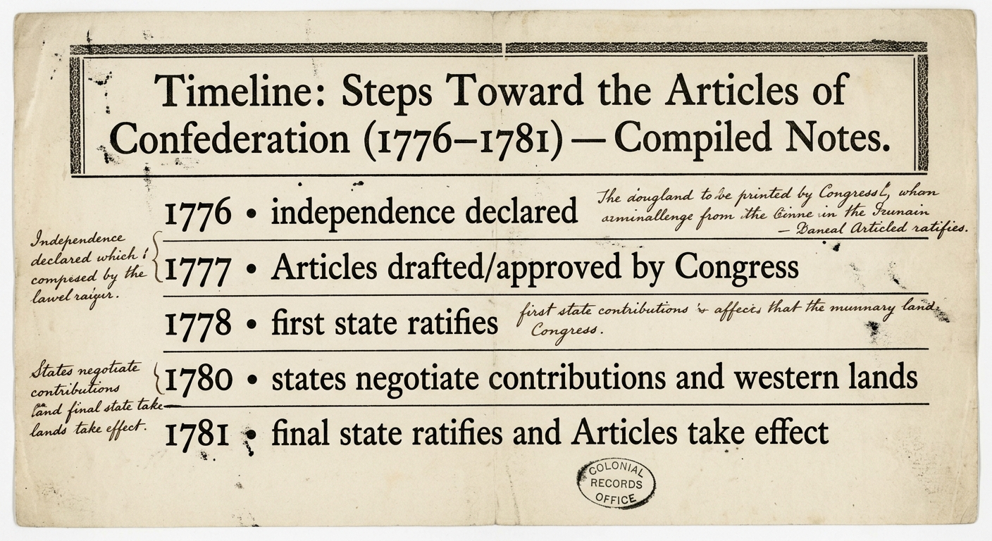 Aged-paper broadside showing a timeline titled “Steps Toward the Articles of Confederation (1776–1781),” with five dated entries from 1776 through 1781 and small handwritten notes.
