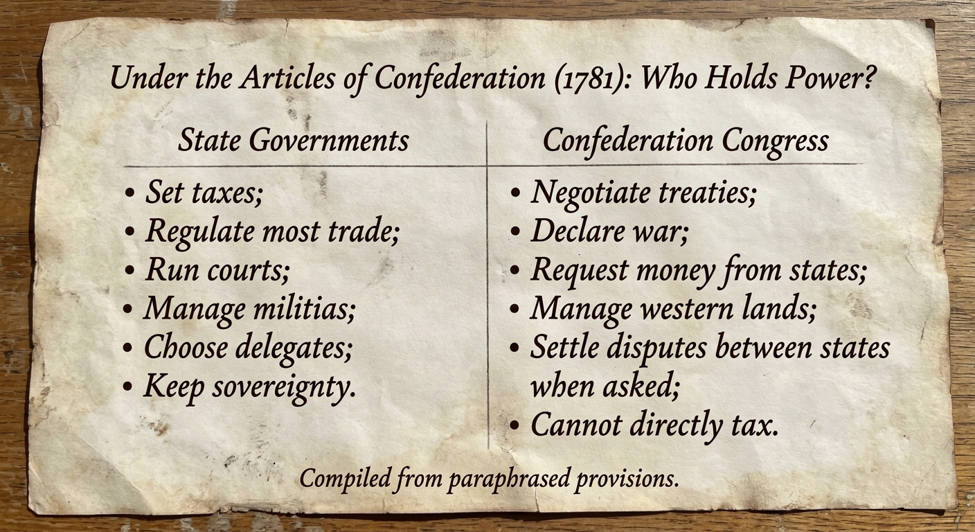 Aged-paper document titled “Under the Articles of Confederation (1781): Who Holds Power?” showing a two-column chart comparing powers of state governments and the Confederation Congress.