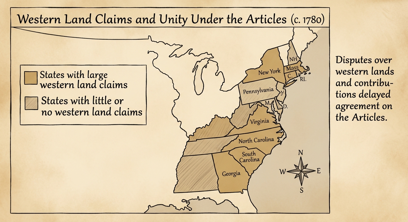 Aged-paper map titled “Western Land Claims and Unity Under the Articles (c. 1780)” showing the 13 states with a legend distinguishing states with large western land claims from states with little or no western land claims, plus a note about disputes delaying agreement.
