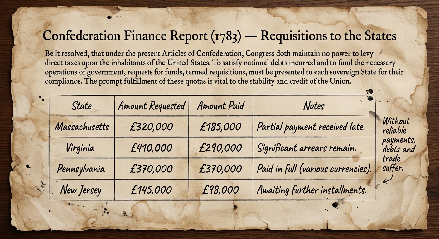 Aged-paper document titled “Confederation Finance Report (1783) — Requisitions to the States,” with a short note that Congress must request money from states and a table comparing amounts requested and paid by several states.