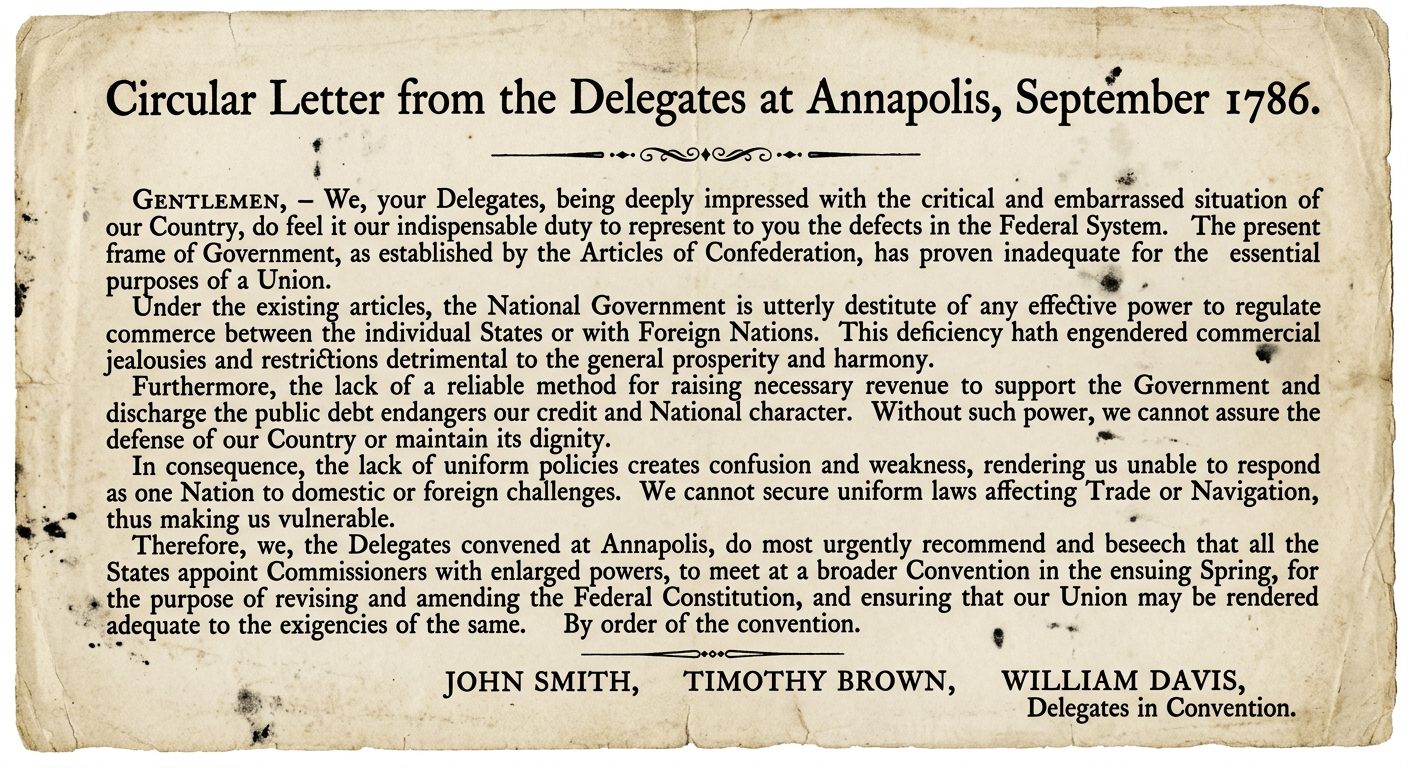 A parchment-style broadside titled “Circular Letter from the Delegates at Annapolis, September 1786,” describing weaknesses of the Articles of Confederation and urging a convention to revise the federal system.