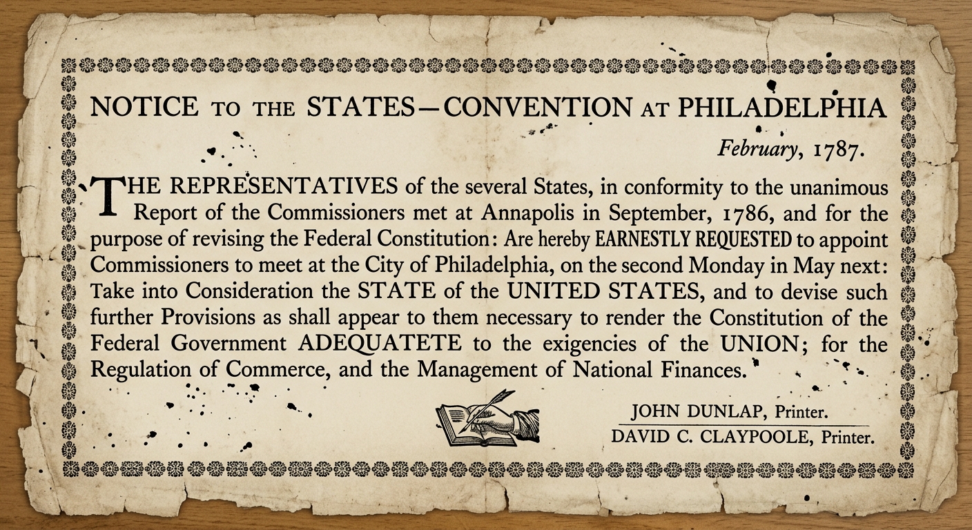 An 18th-century broadside dated February 1787 announcing a convention at Philadelphia in May 1787, referencing the Annapolis meeting of September 1786 and noting weaknesses of the Articles of Confederation.