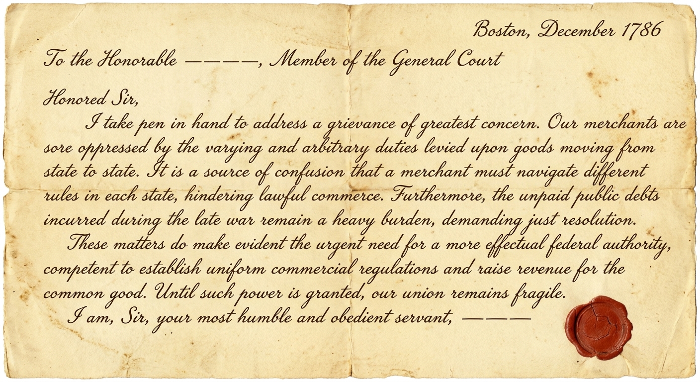 A scanned handwritten letter dated Boston, December 1786, from a merchant to a state legislator describing trade duties between states, war debts, and urging stronger federal authority for uniform rules and revenue.