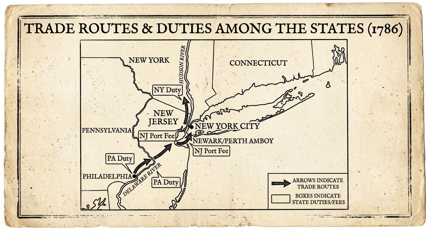 An 1786 broadside with a simple Mid-Atlantic map showing New York, New Jersey, and Pennsylvania ports and rivers with arrows for trade routes and callouts for different state duties and port fees.