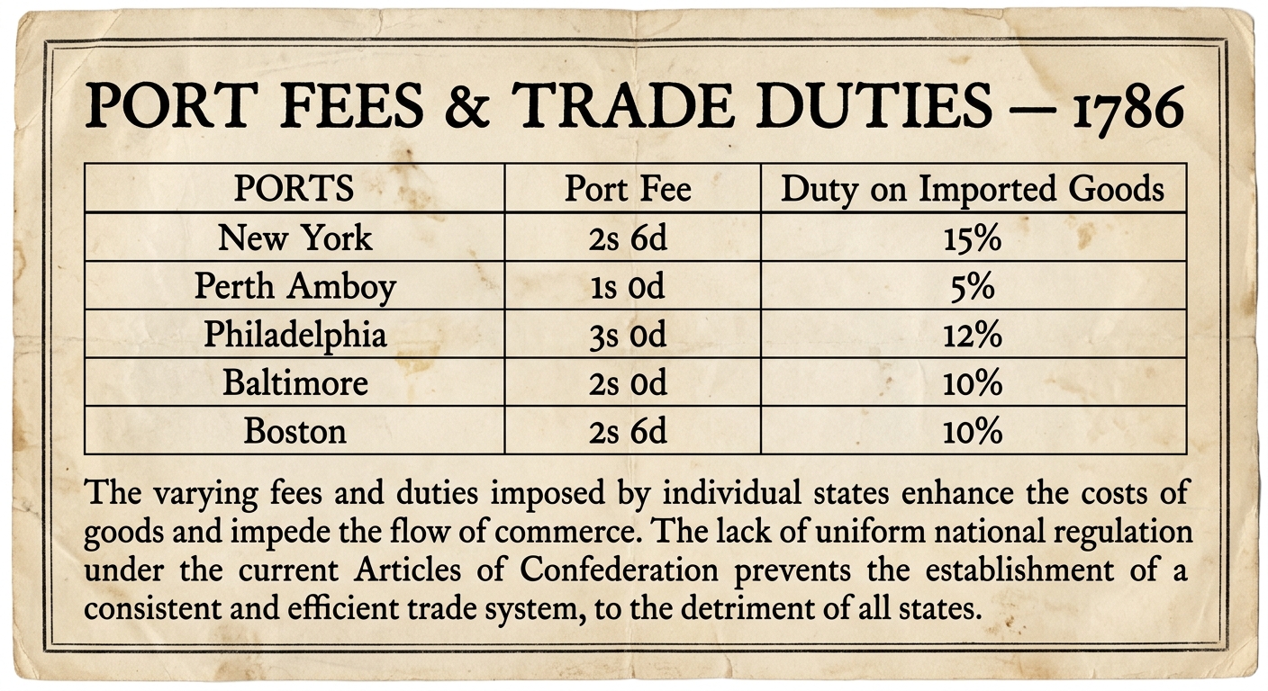 An 1786 printed broadside listing port fees and trade duties for several ports, showing different charges and noting that inconsistent state fees slow trade under the Articles of Confederation.