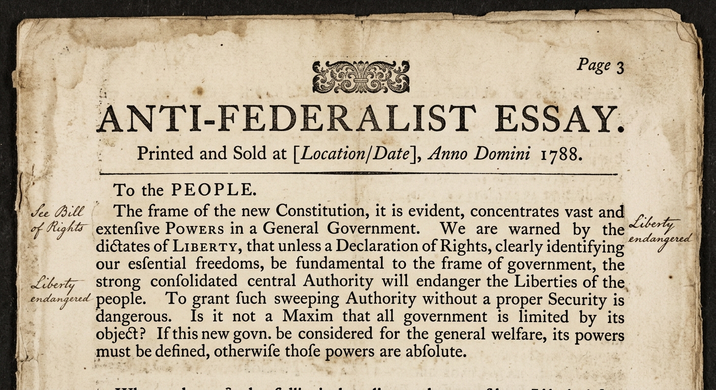 A scanned 1788-style pamphlet excerpt titled “Anti-Federalist Essay” warning that a strong central government could threaten liberty unless a declaration of rights is included.