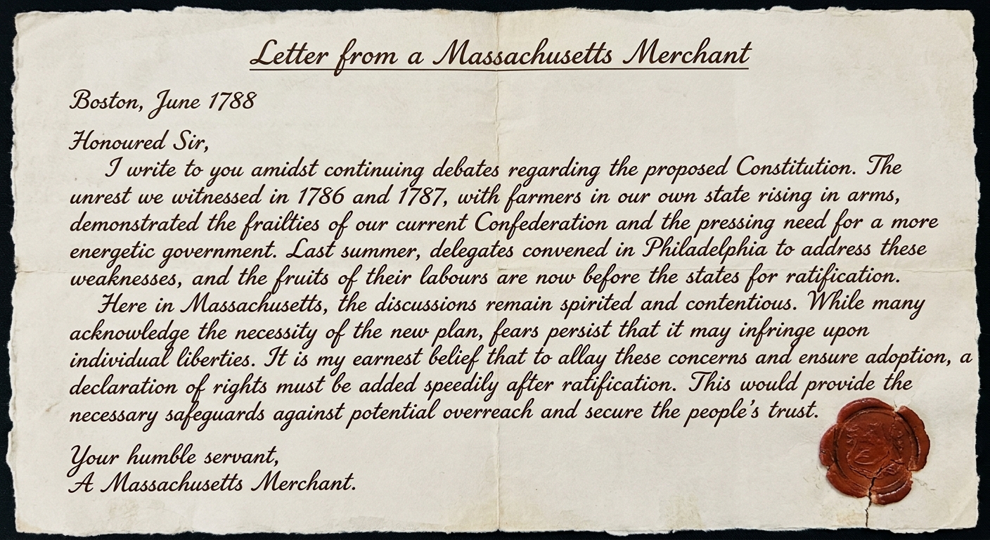 A scanned handwritten letter dated June 1788 from a Massachusetts merchant describing unrest under the Articles, the 1787 Philadelphia convention, and 1788 ratification debates, suggesting a declaration of rights to calm fears.