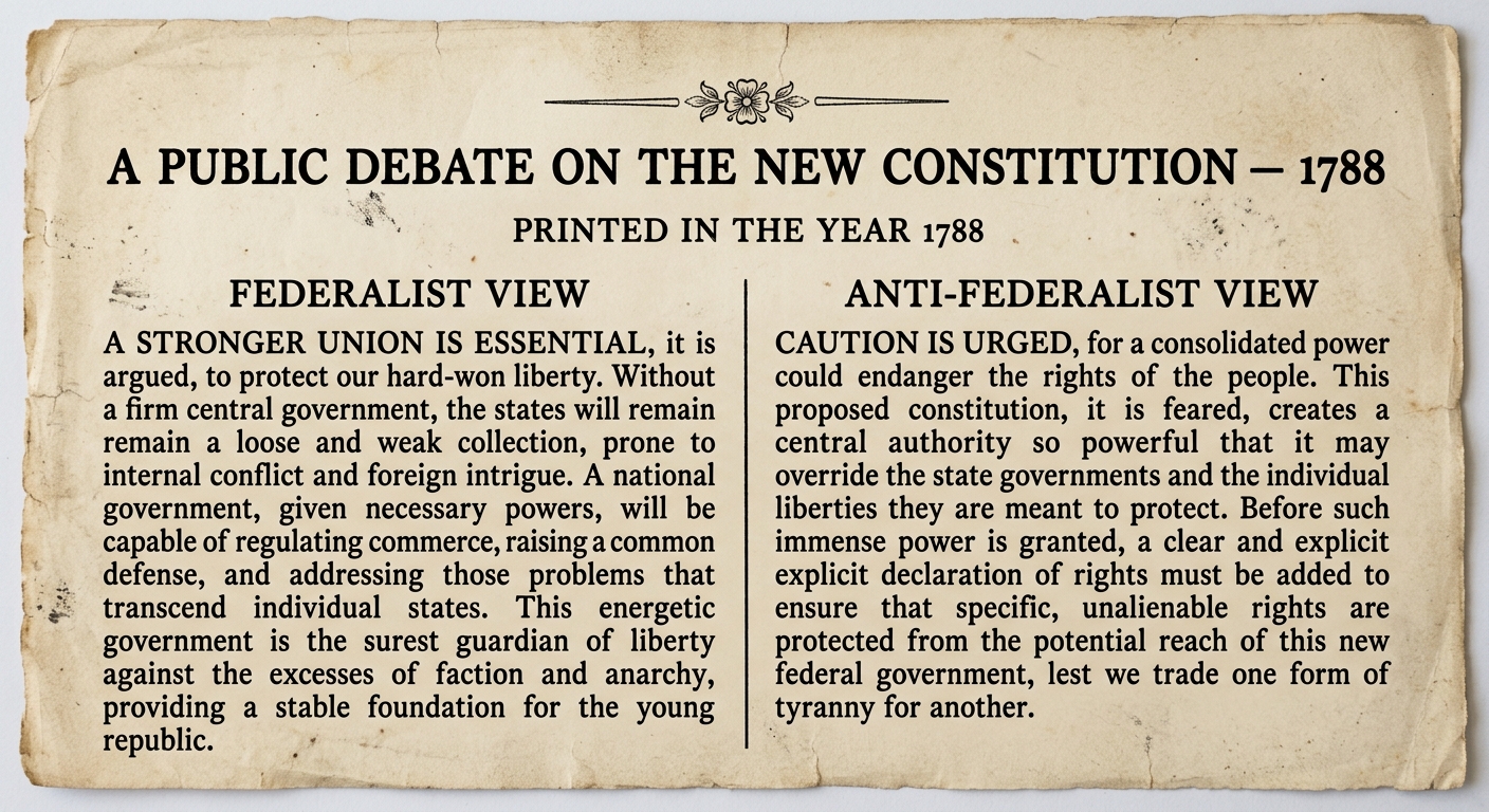 A scanned 1788-style newspaper broadside with two columns labeled “Federalist View” and “Anti-Federalist View,” contrasting arguments about federal power and the need for a declaration of rights.