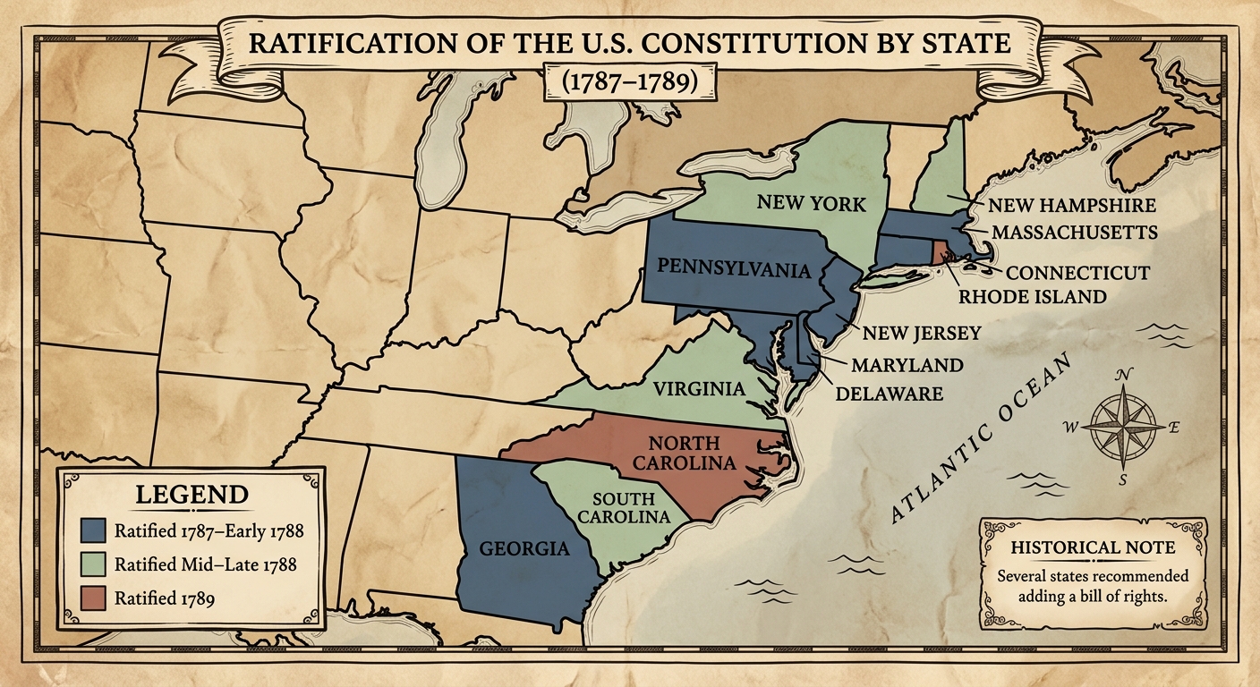 A vintage-style map of the original 13 states shaded by when they ratified the U.S. Constitution (1787–1789), with a legend and a note that several states recommended adding a bill of rights.