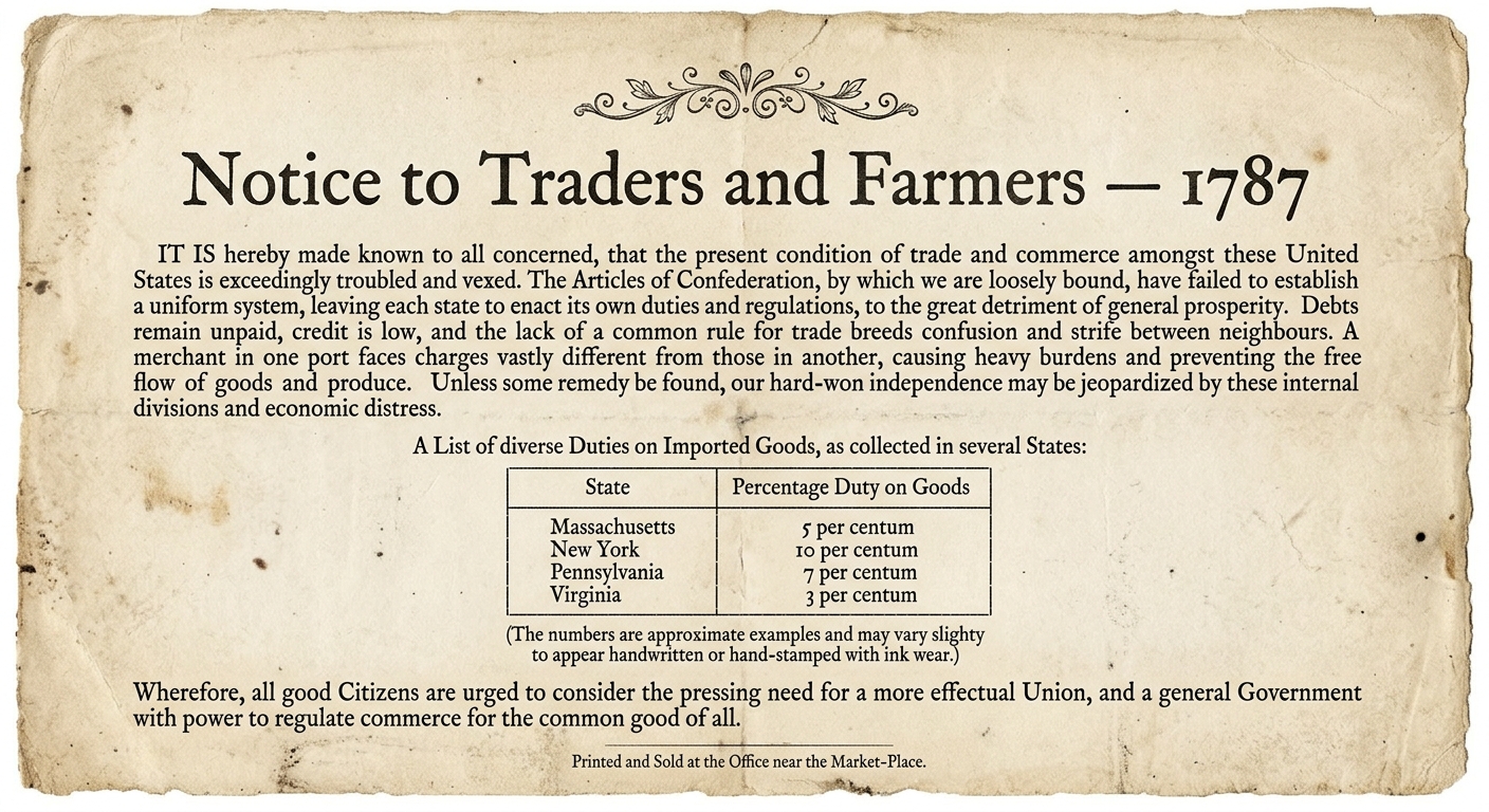 A scanned 1787-style broadside titled “Notice to Traders and Farmers — 1787” describing uneven state trade duties and debts under the Articles of Confederation, with a small table showing different import duties by state.