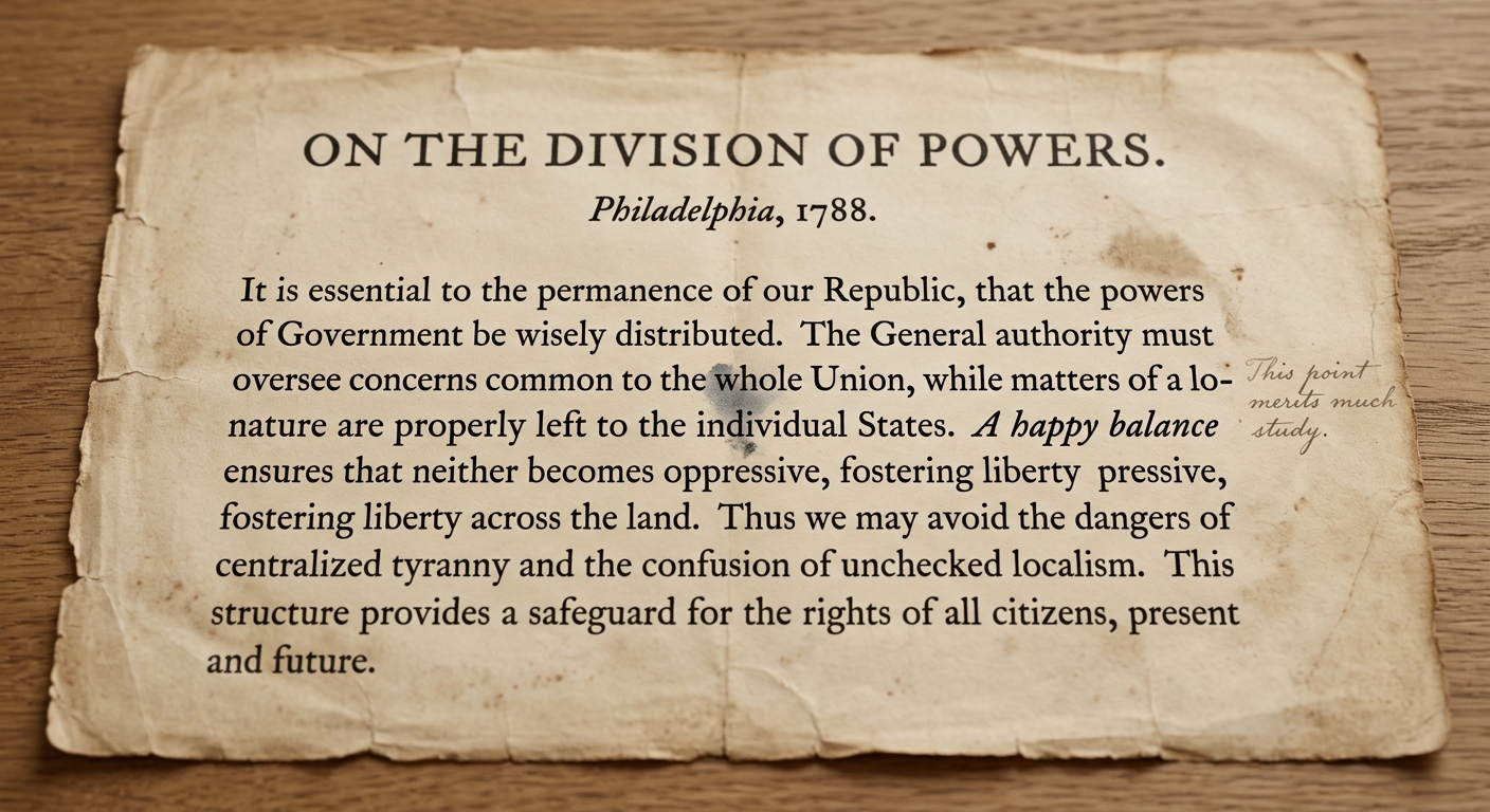 Sepia-toned pamphlet page dated 1788 titled "On the Division of Powers" describing shared national and local authority.