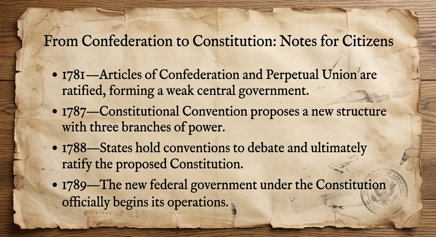 Sepia-toned parchment broadside titled "From Confederation to Constitution" with dated bullet points from 1781 to 1789.