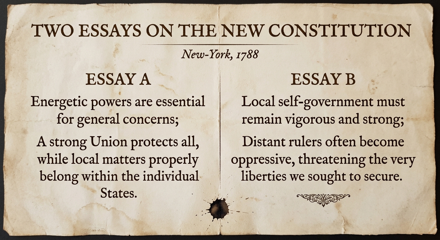 Sepia-toned 1788 debate broadsheet titled "Two Essays on the New Constitution" with columns labeled Essay A and Essay B about dividing power between national and state governments.