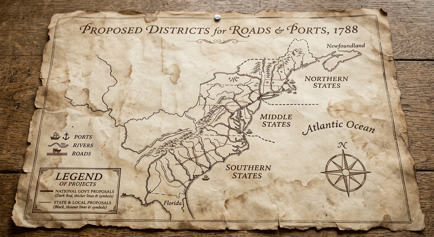 Sepia-toned 1788-style map showing three coastal regions and a legend about national and state roles in roads and ports.