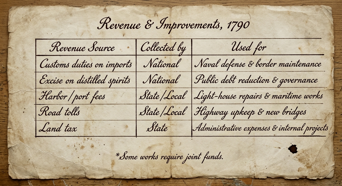 Sepia-toned 1790 ledger table titled "Revenue & Improvements" listing revenue sources and whether they are collected by national or state/local government.