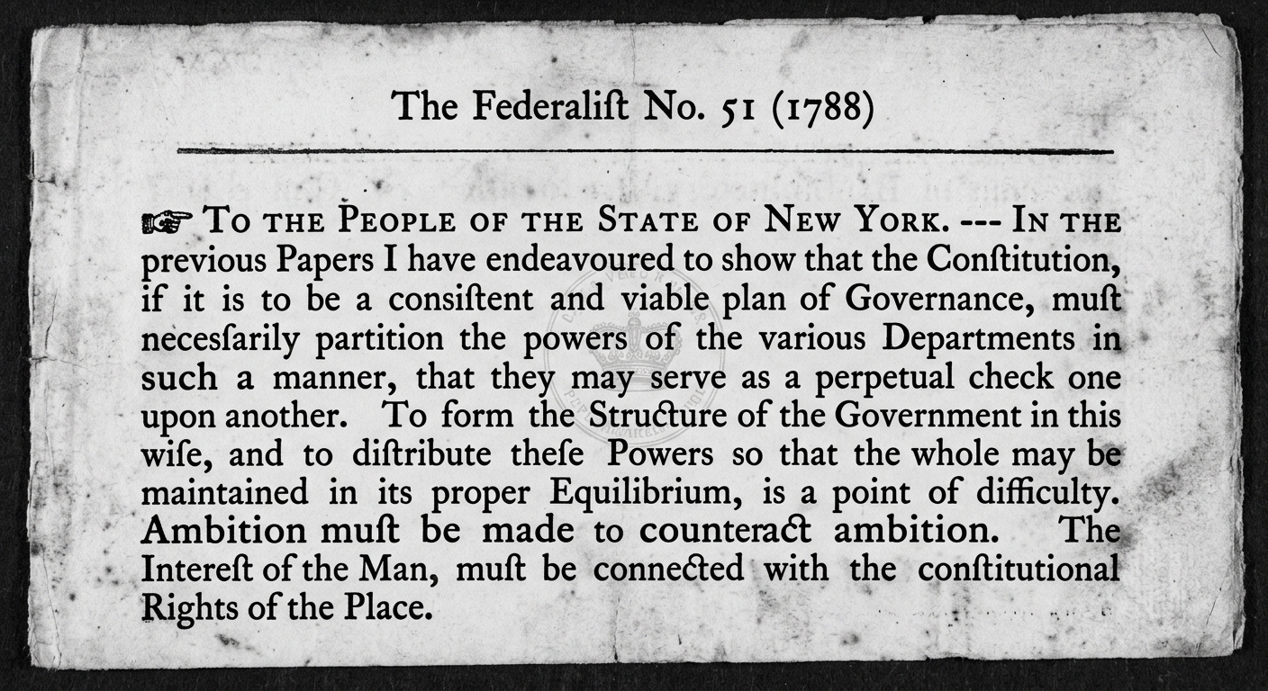 Black-and-white facsimile of an 18th-century pamphlet excerpt from Federalist No. 51 about checks and balances.