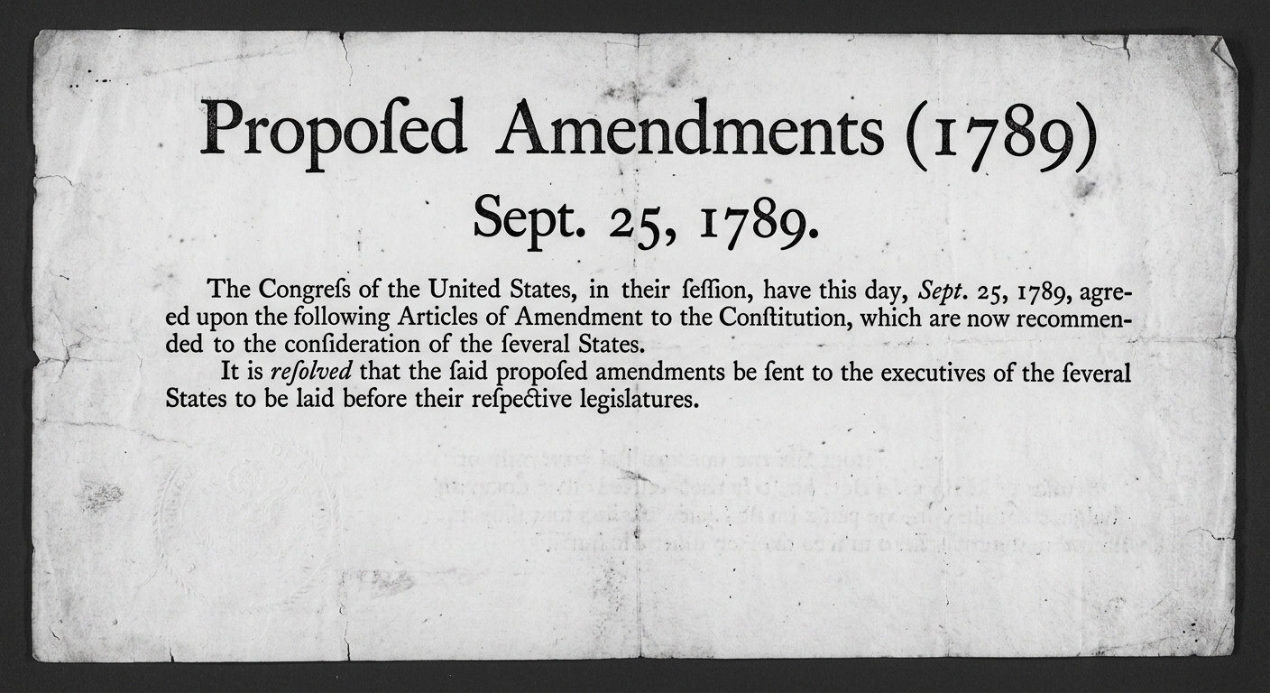 Black-and-white facsimile of a 1789 document titled “Proposed Amendments (1789)” with a visible date.