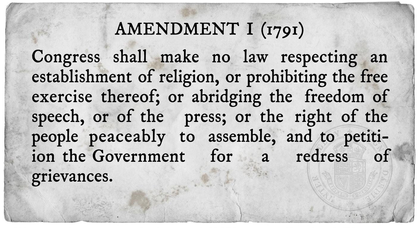 Black-and-white facsimile of a 1791 document excerpt describing First Amendment freedoms.