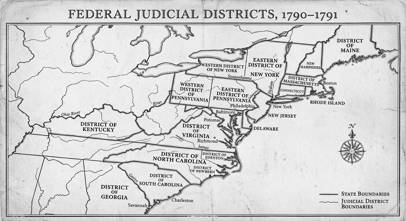 Black-and-white map facsimile showing early U.S. states and labeled federal judicial districts, 1790–1791.
