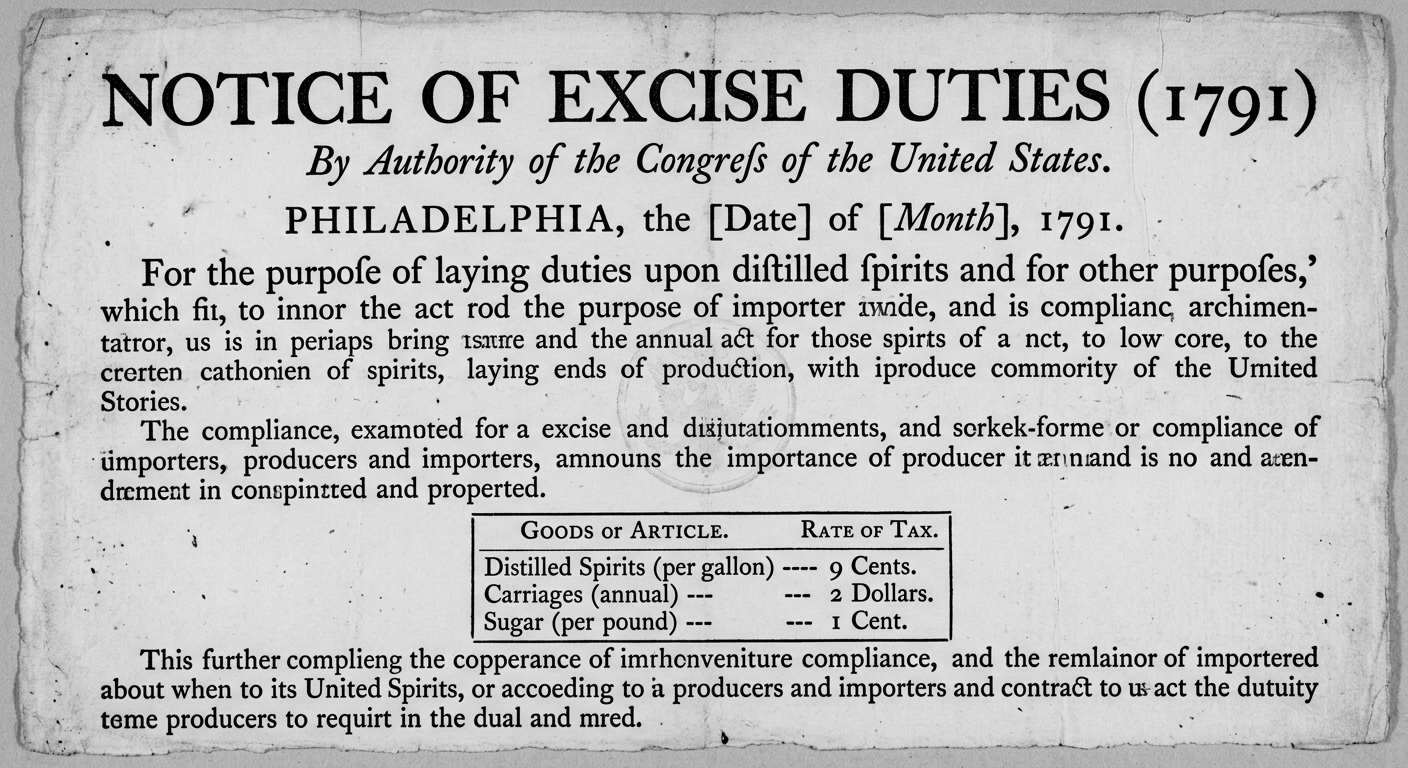 Black-and-white facsimile of a 1791 excise tax notice with a small table of goods and tax rates.
