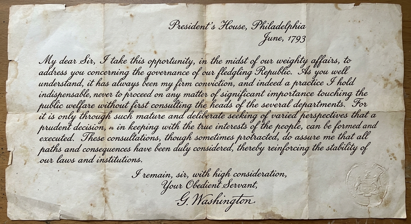 Facsimile-style 1793 memorandum from the President’s House in Philadelphia about consulting department heads for advice, written in cursive on aged parchment with a faint seal.