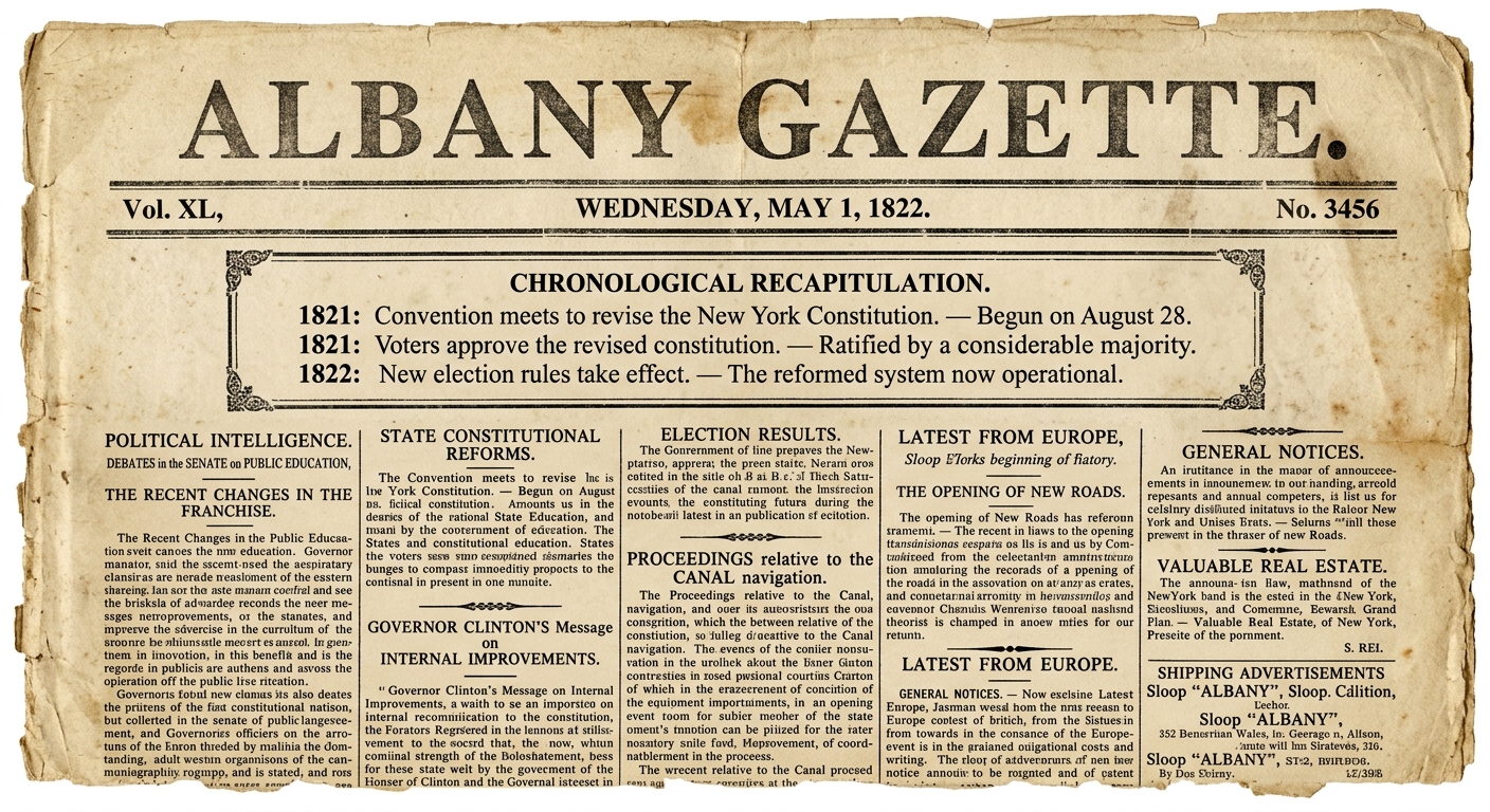 Aged newspaper-style broadside titled “Albany Gazette” with a small timeline showing 1821 convention, 1821 voter approval, and 1822 election rules taking effect.